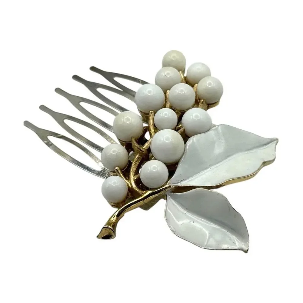 White Gold Leaf Pearl Cluster Hair Comb Vintage-Inspired Bridal Accessory